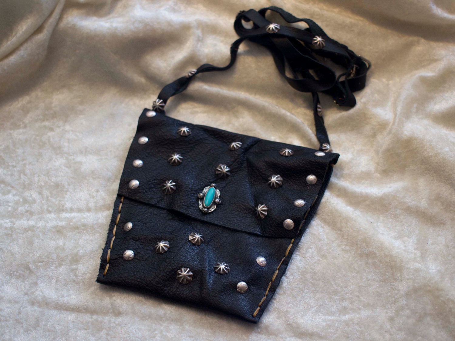 ON SALE - Handmade Navajo Leather Bag with Sterling Silver Stamped Buttons
