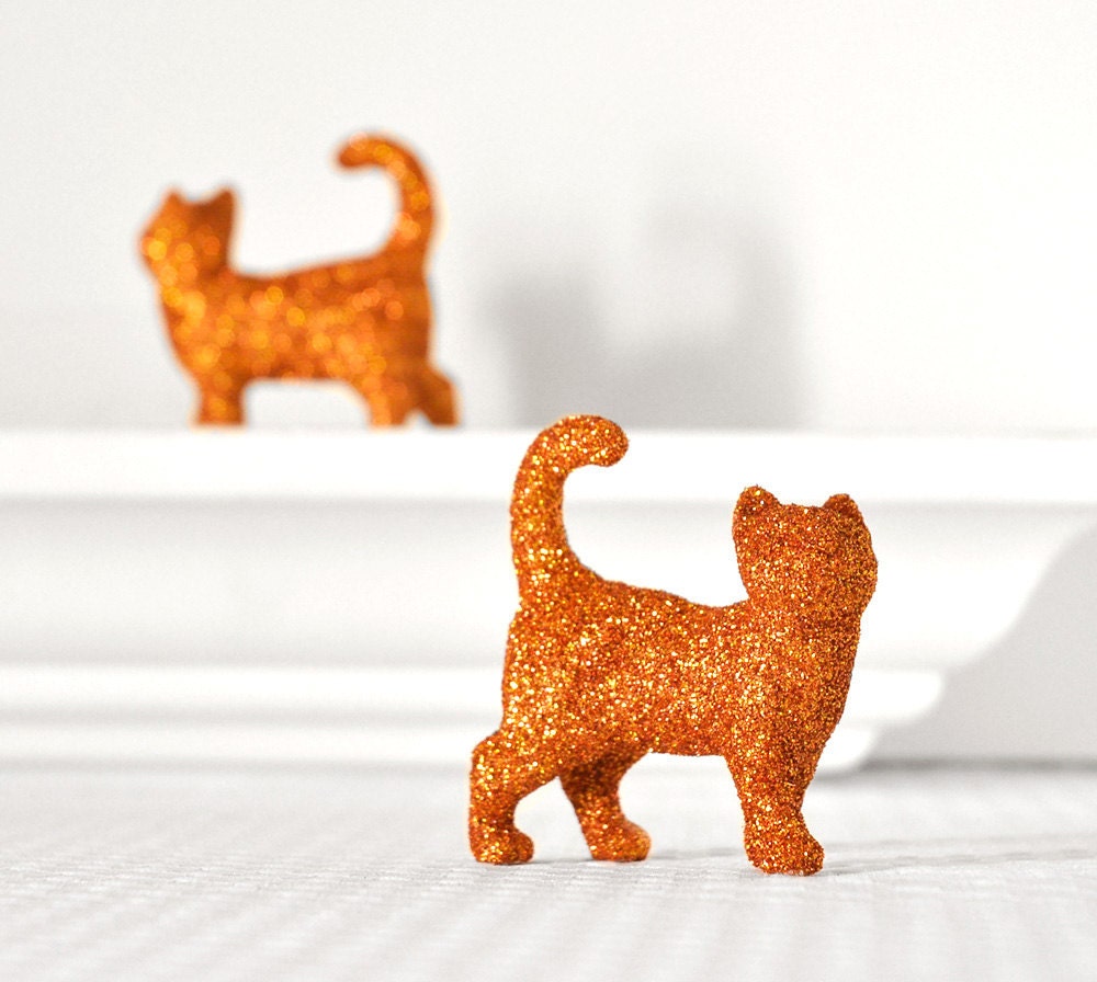 Orange Cat Glitter Kitties in Tangerine Tango for Autumn Weddings, Table Settings, Nursery Decor or Birthday Party Centerpiece