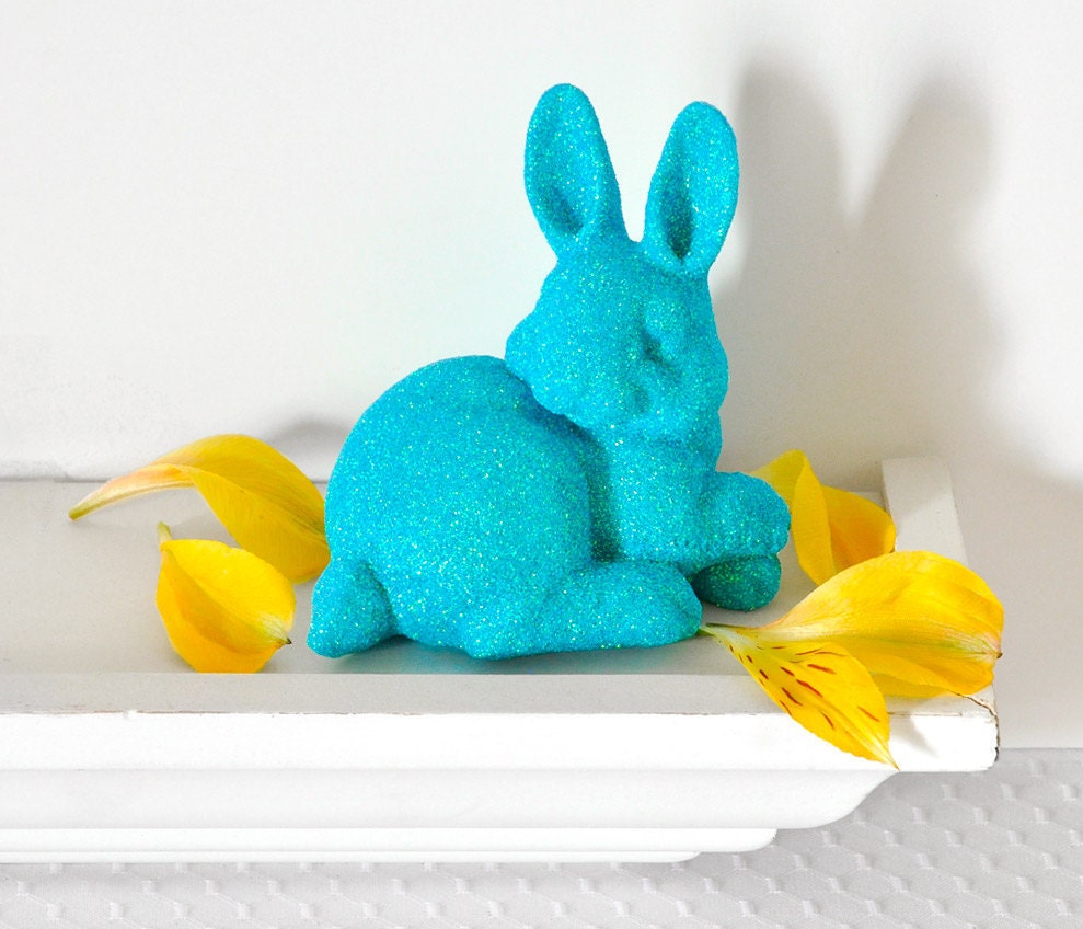Easter Bunny Rabbit in Aqua Blue Glitter for Boy Nursery Decor, Baby Shower Table Settings, Birthday Party or Home Decorations