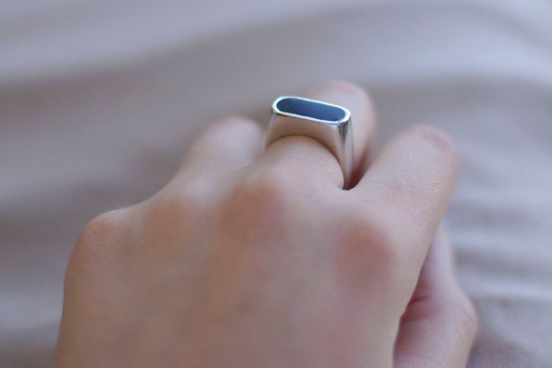 Unisex Silver Ring, Handmade Wax Cast Sterling Silver with Blue Enamel