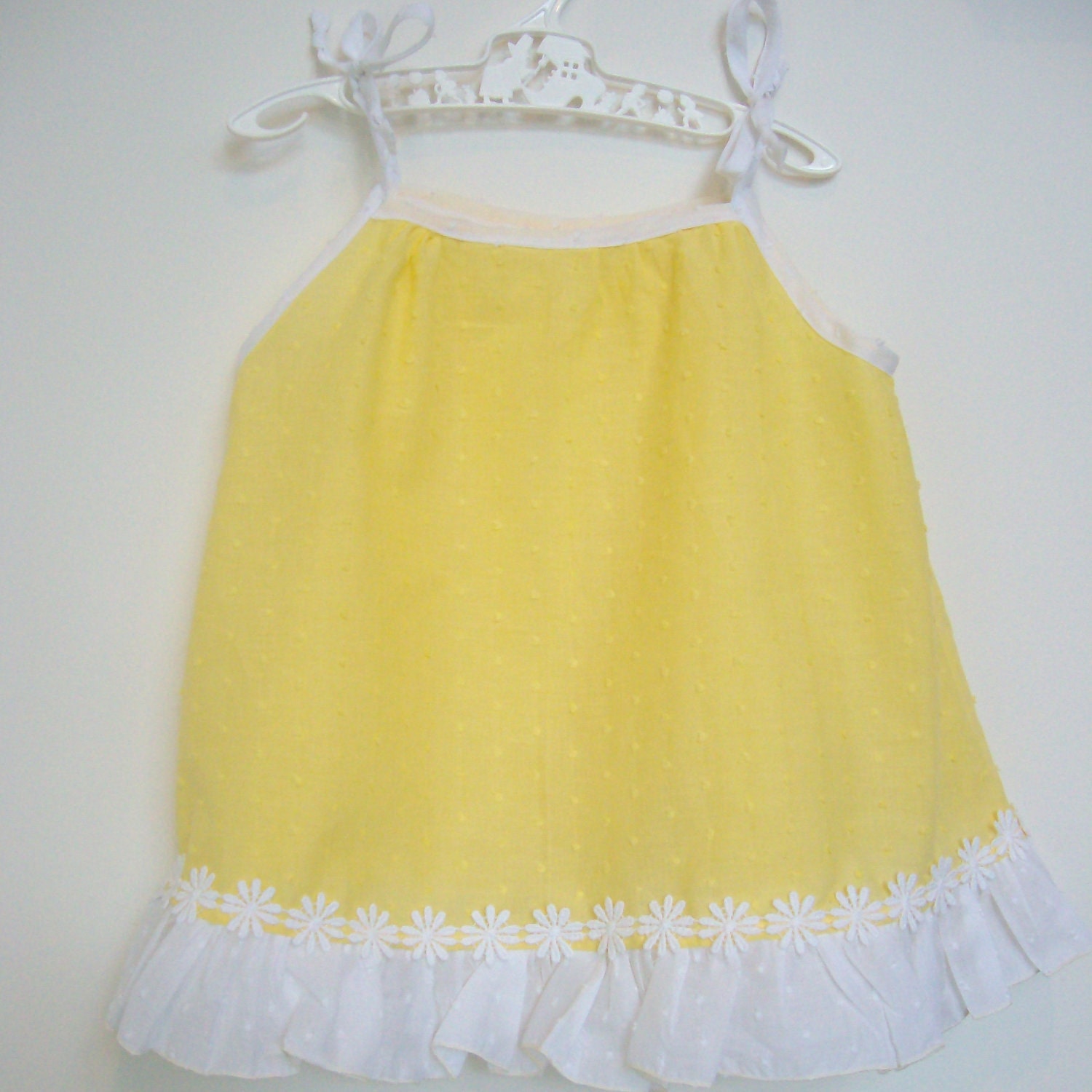 Yellow baby toddler's sundress sunfrock size 2, recycled daisy trim and white ruffle, lightweight voile fabric, made with vintage pattern.