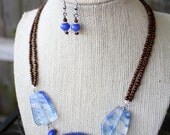 Blue and Brown Necklace - Blueberry Quartz Slabs and Wood Seed Beads, Earrings Included