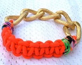 Friendship Bling Bracelet with Neon Red Stretch Cord and Chunky Gold Chain with Contrast Neon Pattern Trim