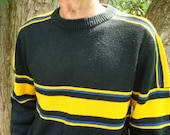 SALE - Vintage Black 80s RACER Sweater w/ Yellow and Blue Stripe - Mens Ski Sweater. Preppy. Size M