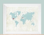World Map Customized Love Heart Map  -  12x18  Silhouette Art Print  any colors and countries you choose  ( featured on TripWolf )