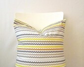 18 inch throw pillow cover, Scallops in yellow, brown, grays, white. Stripe pattern, modern print. For indoor use.