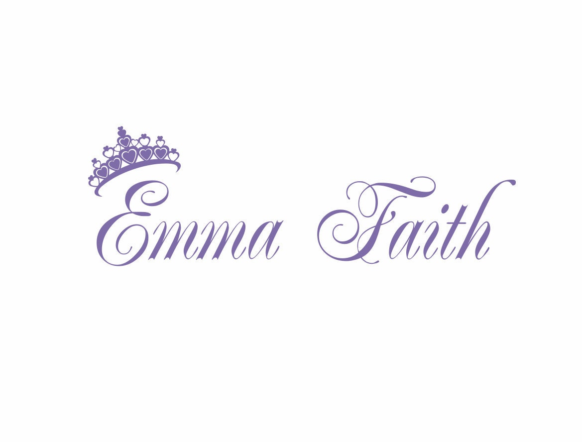 Princess Vinyl Wall Decal - Personalized Name with Heart Tiara for Girl Baby Nursery and Girl Room Decor 12Hx34W FS152