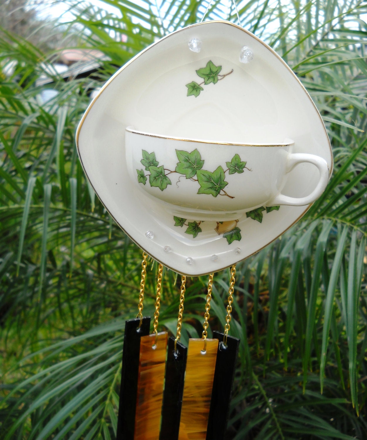 Handmade Tea Cup and Saucer Glass Wind Chime with Vintage Paden City Pottery