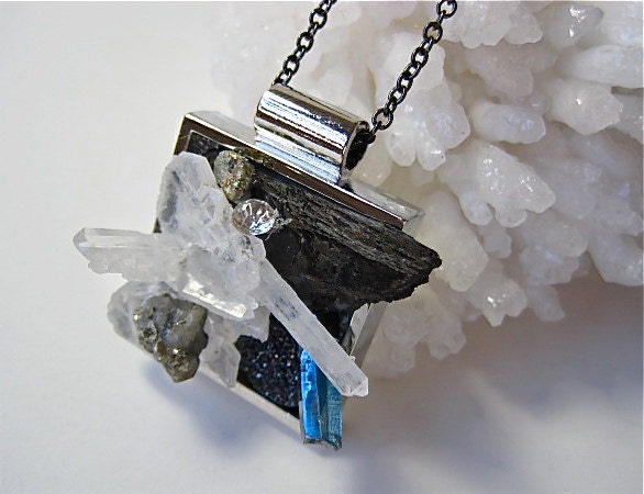 Super Minerals "Crystal Gardens" Pendant by Pauletta Brooks with Quartz, Royal Blue Mystic Titanium, Druzy black Quartz, Pyrite and Apatite