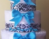 Damask and Blue Diaper Cake   Baby Shower Centerpiece Baby Gift