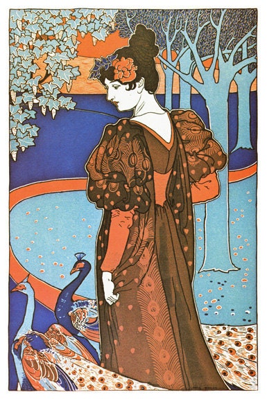 ART NOUVEAU Print of Woman with Peacocks from a Lithograph by artist Rhead--Featured in Etsy Treasury