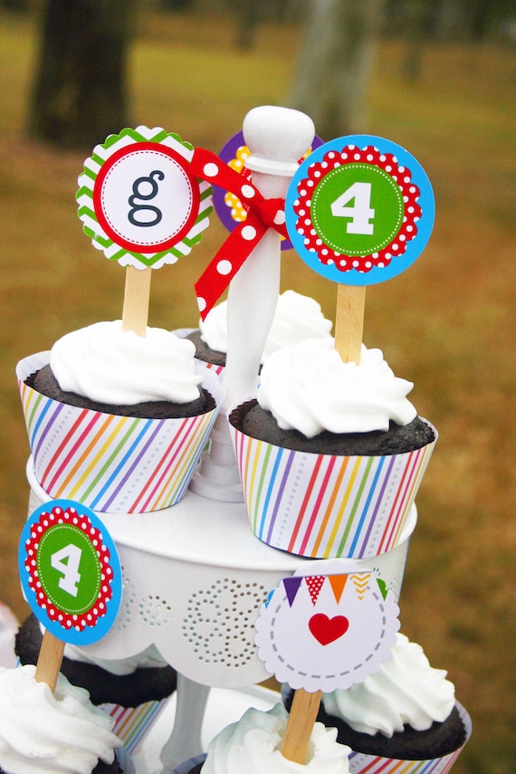 RAINBOW Printable Cupcake Toppers - Personalized 2" Party Dots Il_570xn
