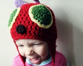 Very Hungry Caterpillar Hat - 12- 18 months, toddler, child - with earflaps and ties - photography prop