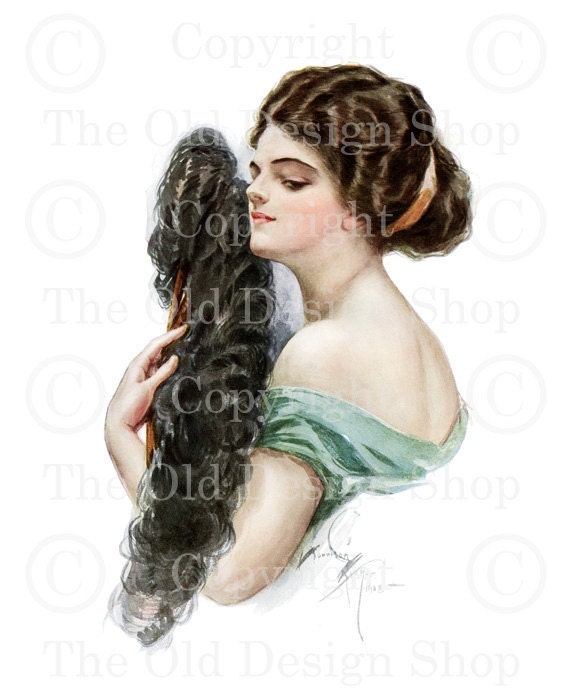 LIPS FOR KISSES Harrison Fisher Victorian Lady with Feather Fan Image for Card Making Altered Art Mixed Media Digital Download