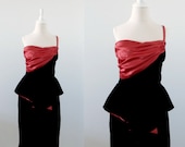 Vintage Cocktail Dress - 1980's - Velvet One Shoulder - Black and Red - Small - TwoMoxie