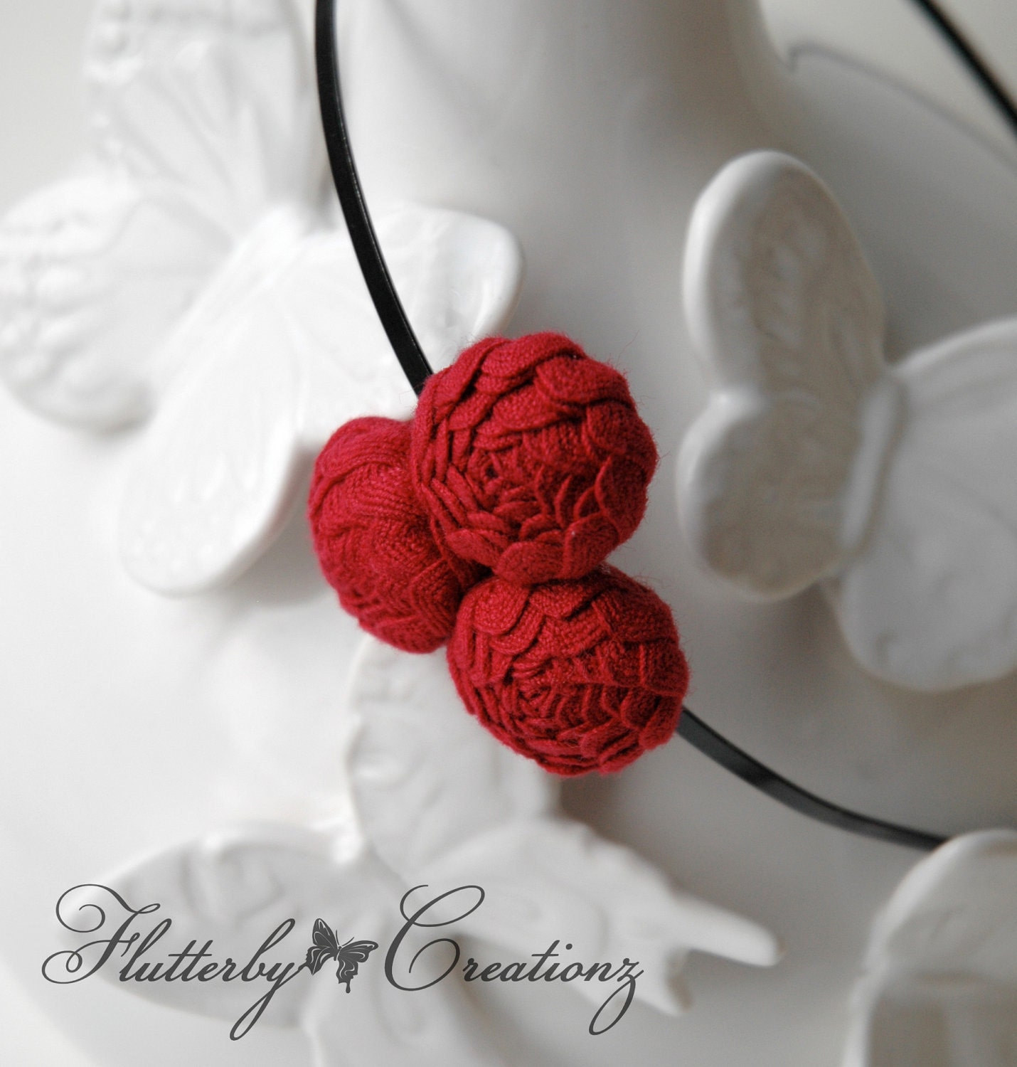 Cluster of 3 Red Rick Rack Rosebuds on Black Metal Headband - Handmade