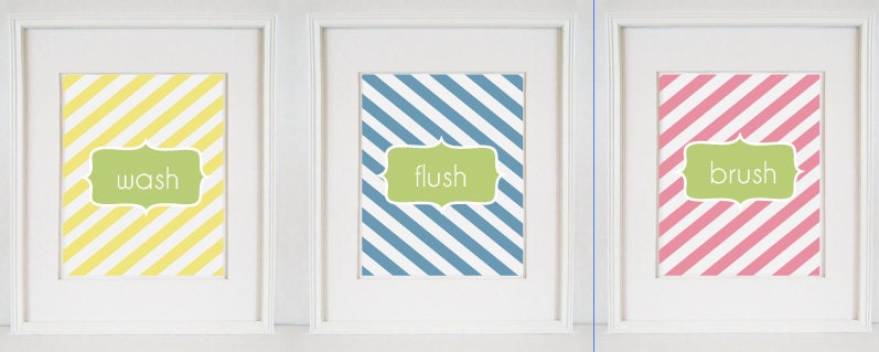 Wash, Flush, Brush  (3)  8x10 Chevron Bathroom Decoration Typography Print  - yellow grey green pink Chevron