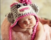 Crochet Baby Girl Sock Monkey Earflap Hat with flower - Photo Prop - made to order