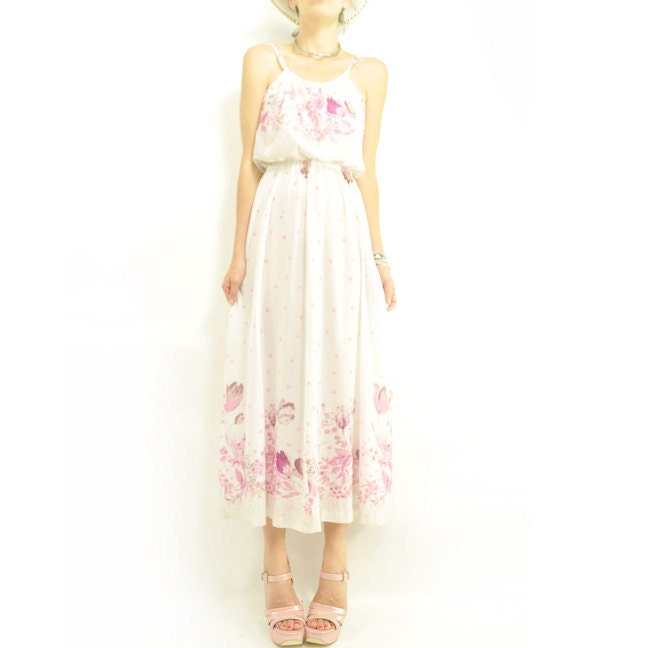 Sale. 70s SHEER WHiTE & MAGENTA MAXi / breezy tank style / long sun dress /high waist / best print / xs s