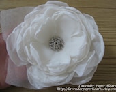 Ivory Chiffon Flower Hair Piece w/ Organza leaves and rhinestone center - Wedding accessory