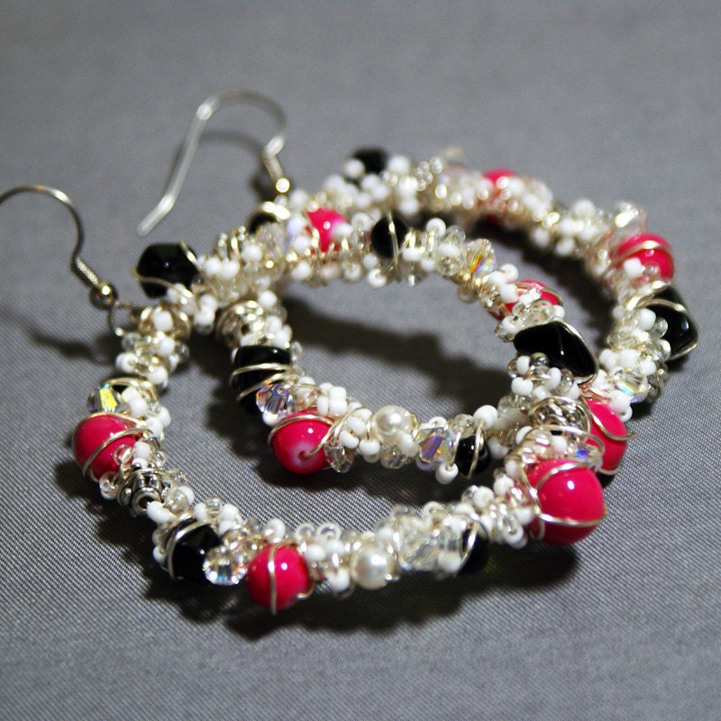 Wire Wrapped Hoop Earrings with Pink Glass Beads, Swarovski Crystals, Pearls, Onyx & Seeds "Party Pink"