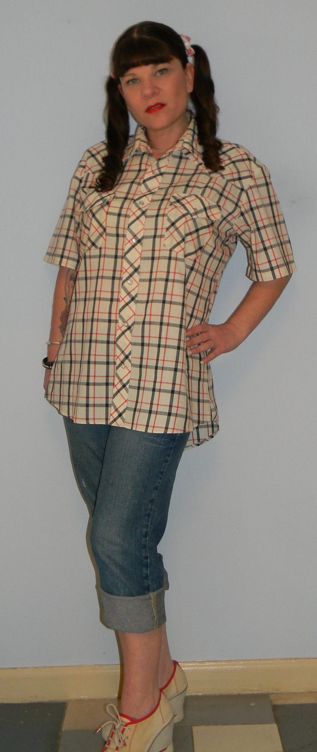 1970 Early 1980 Mens Wrangler Snap Front Western Style Plaid Short Sleeve Shirt Tag Reads Size Large