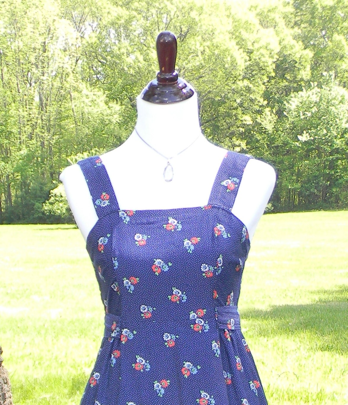 1960s Sundress Blue with Polka dots and Flowers XS