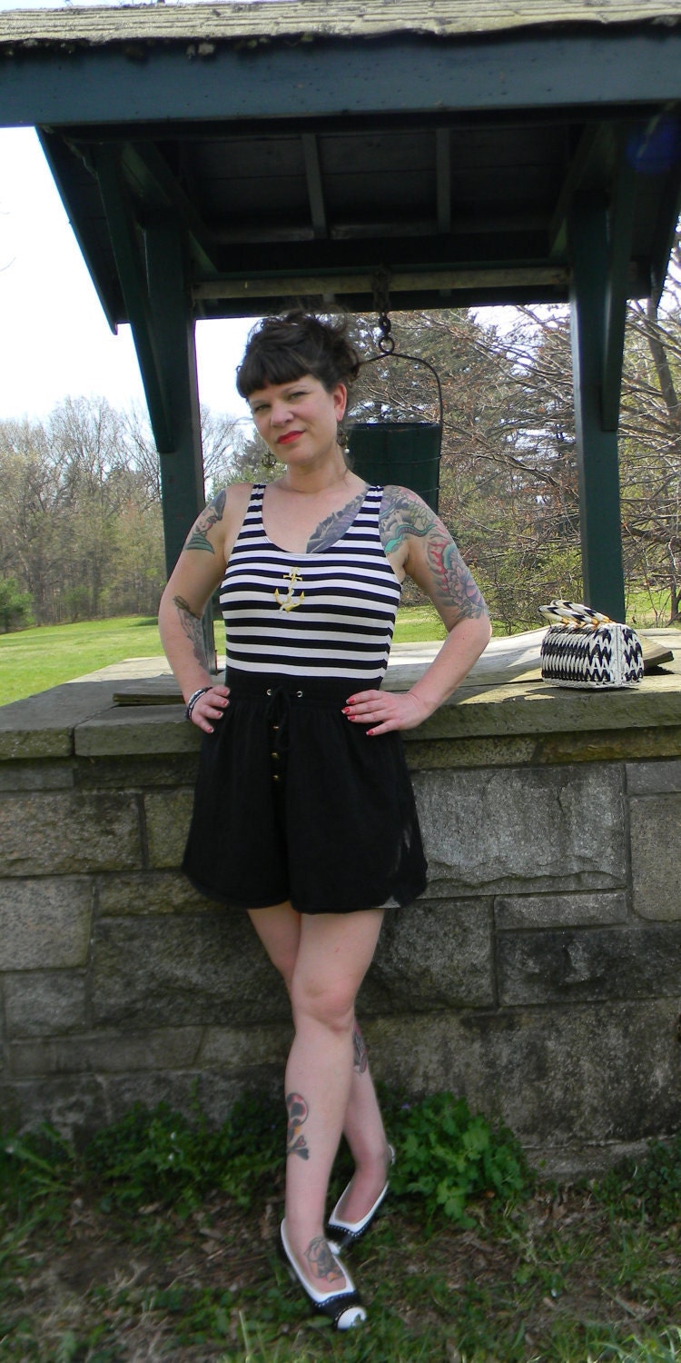 80s 50s Style Romper Swimsuit Nautical Black and White Size 10