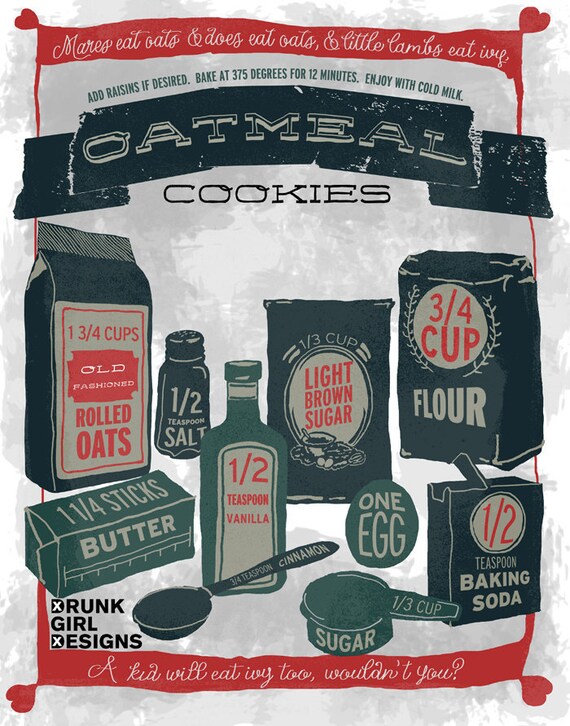 Illustrated Recipe - Oatmeal Cookies - 11"x14" Print