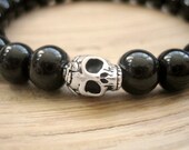 Mens Skull Bracelet - Black Onyx Bracelet, Silver Skull with Black Beads, Rockstar Black Beaded Bracelet, Cool Mens Gift