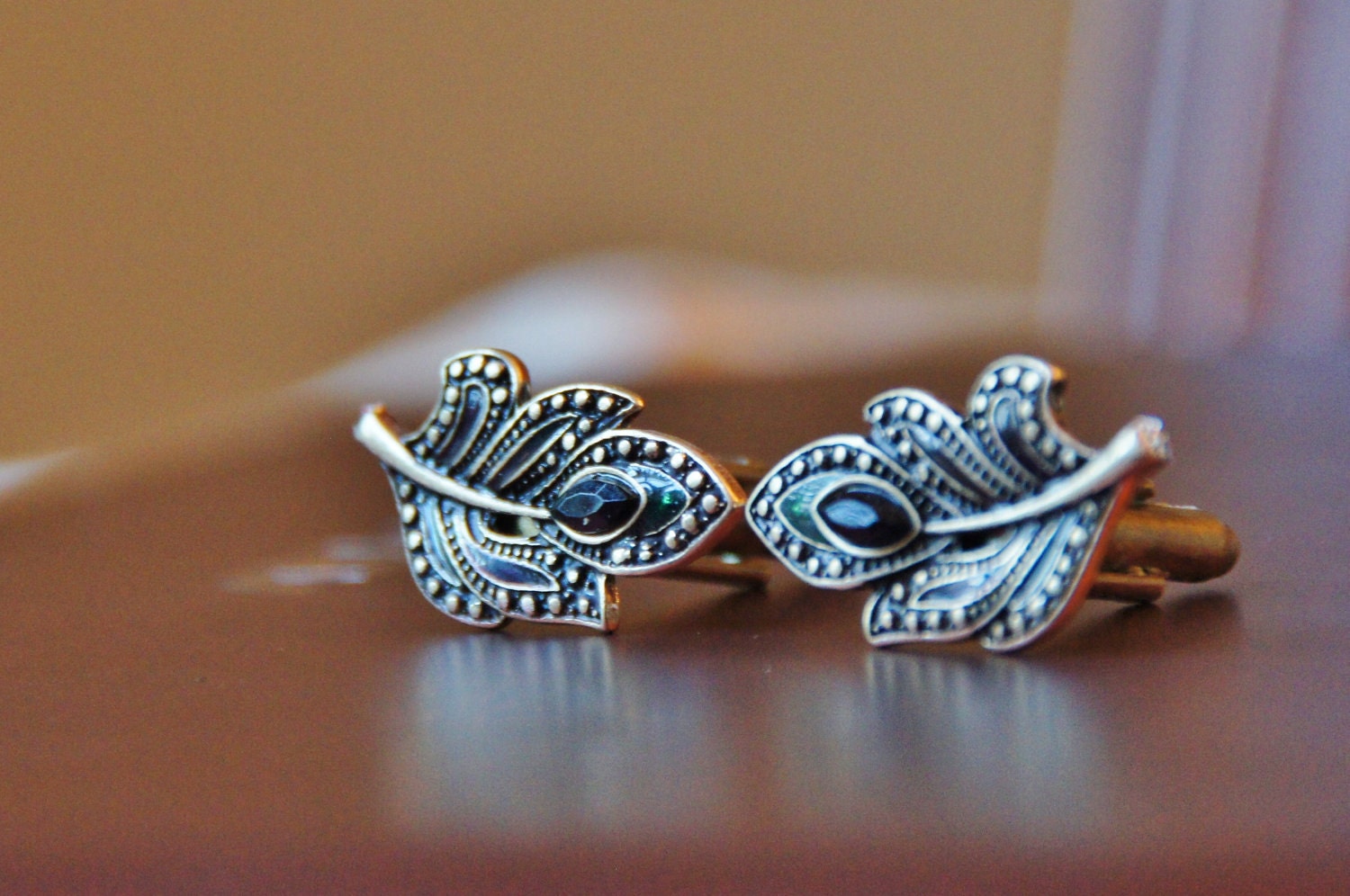 Peacock Wedding Accessories for Men - Ornate Peacocks Feathers Cuff Links - Enamel Feather Cufflinks - Men's Man Cufflink Gift