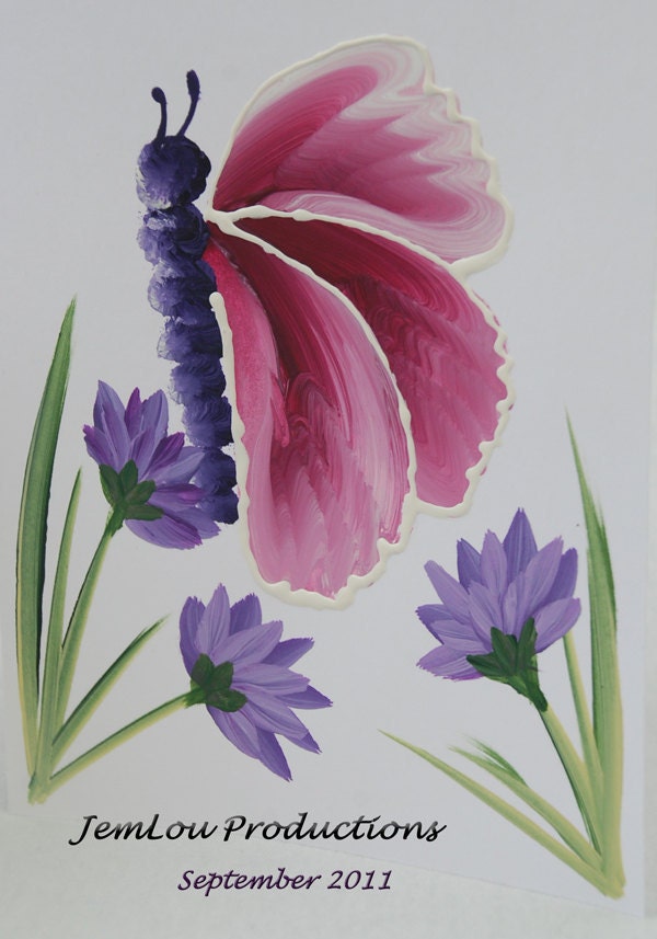 Pack of Two Hand Painted Cards - Butterfly with flowers Handmade Card