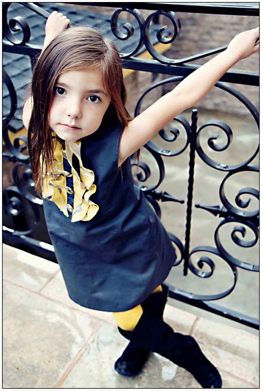 Elegant Gray Dress with Vintage Yellow Ruffles and Fabric Covered Buttons