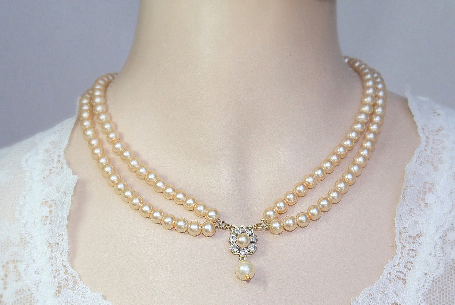 Bridal Pearl Necklace, Victorian bridal necklace, Wedding Necklace,Bridal Choker Swarovski Pearls Necklace, Multi Strand, Rhinestone Flower