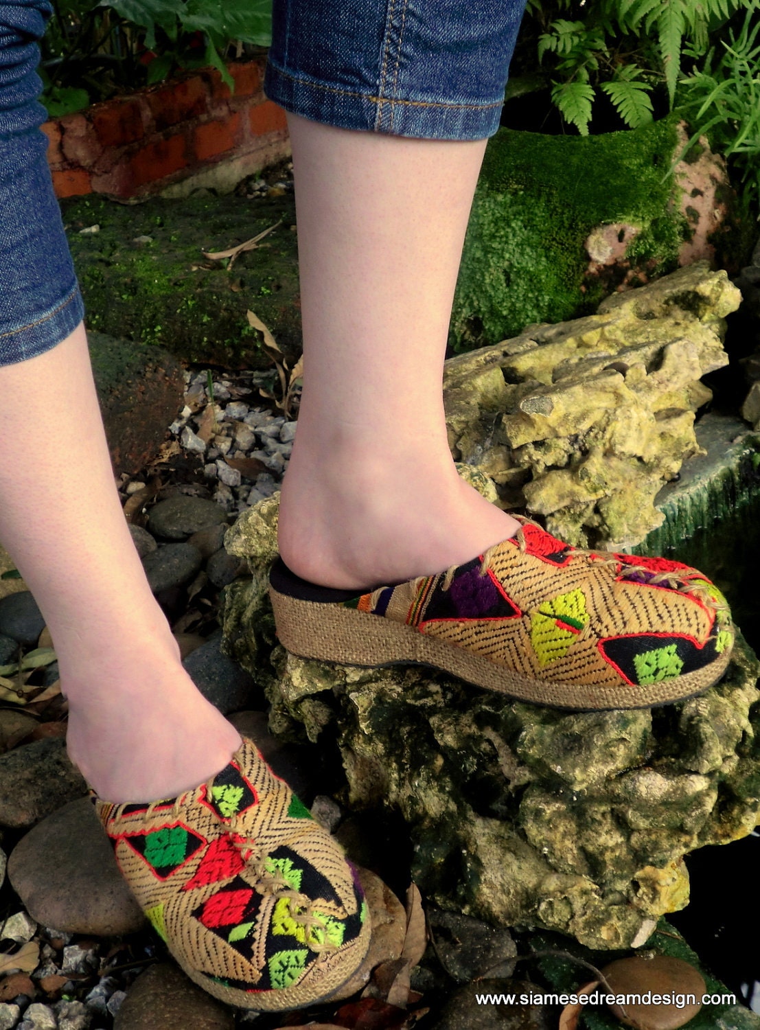 Colorful Embroidered Laotian Woven Clogs, Slides, with Rope Trim