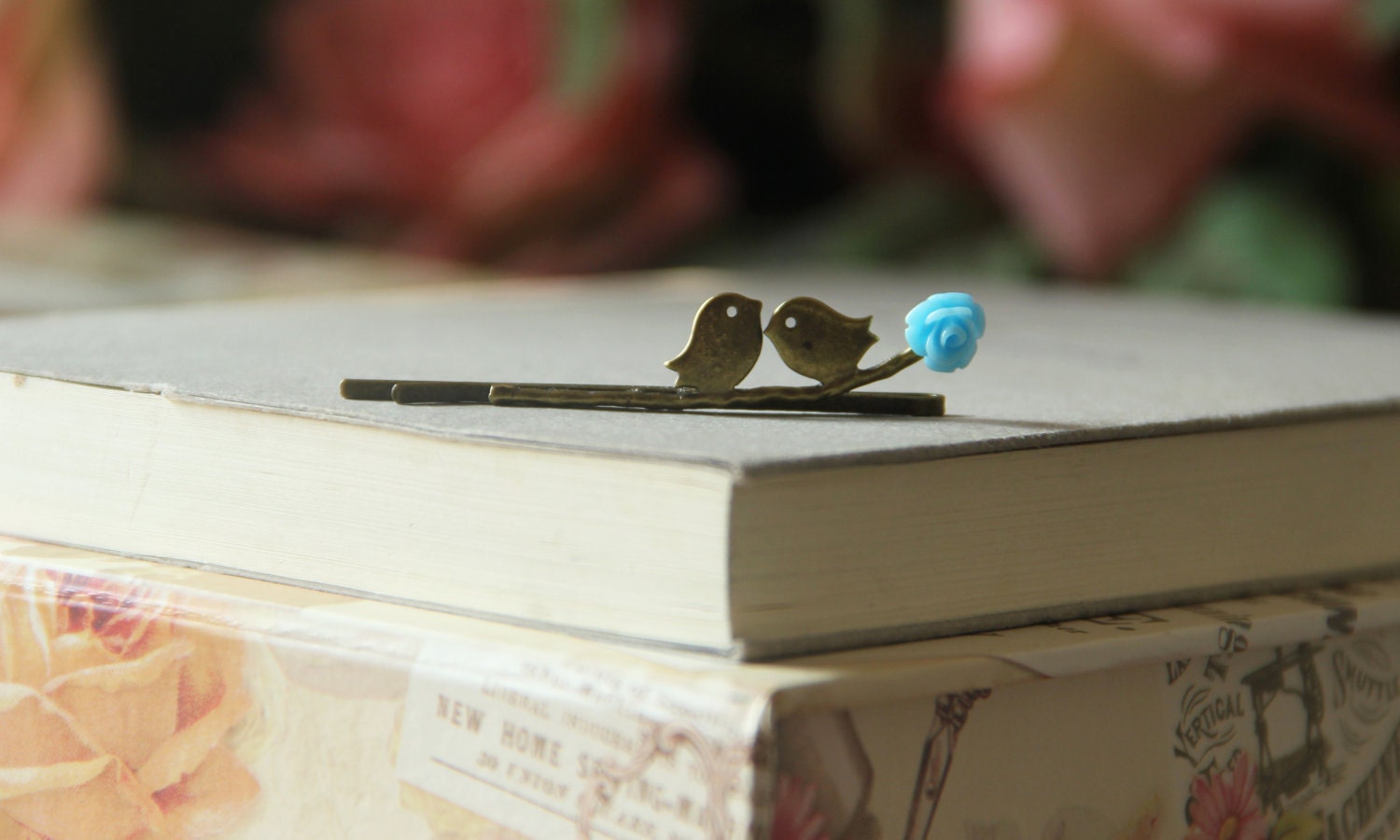 Hair pin Love birds on branch with Light blue rose, Antiqued Brass,Original VintagebyRachel on Etsy