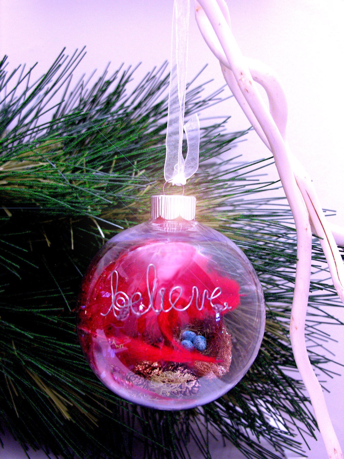 Bird Nest Ornament Clear Glass Red Feathers Unbreakable FREE SHIPPING
