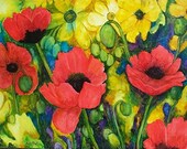 Poppies, Red, Yellow  Flowers, Dining Room Decor, Fine Art GICLEE Print from my original Painting - ebsq Artist Ricky Martin - FREE SHIPPING