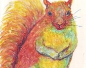 Sale -  Red Squirrel, Forest Animal, Fairy Tale Creature, Child's Room - Original Watercolor Painting by Artist Ricky Martin - FREE SHIPPING