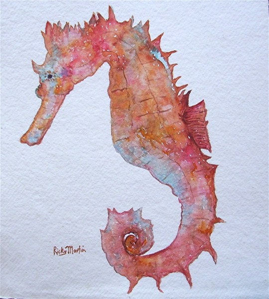 Seahorse, Ocean, Marine Life, Nursery, Child's room decoration -  Original Watercolor Painting by ebsq   Artist Ricky Martin - FREE SHIPPING