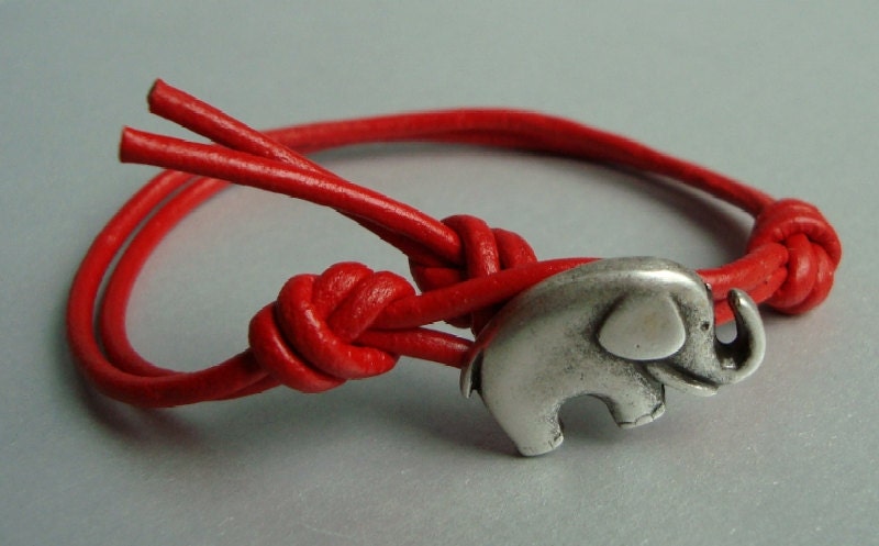 Elephant Wrap Bracelet - Red - Charm Bracelet - Single 1x Wrap - Lucky Elephant - Womens Leather Bracelet