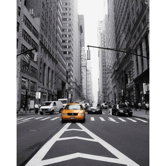 Yellow Cab photo, New York City NYC taxi photo, financial district Manhattan, Broadway, black and white urban decor, mad men