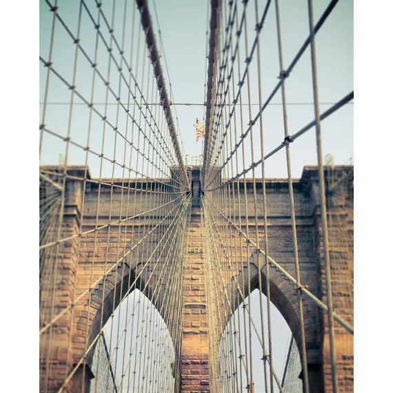 Brooklyn Bridge photo, New York City NYC landmark, neo-gothic architecture arches cables, decor for guys brown aqua