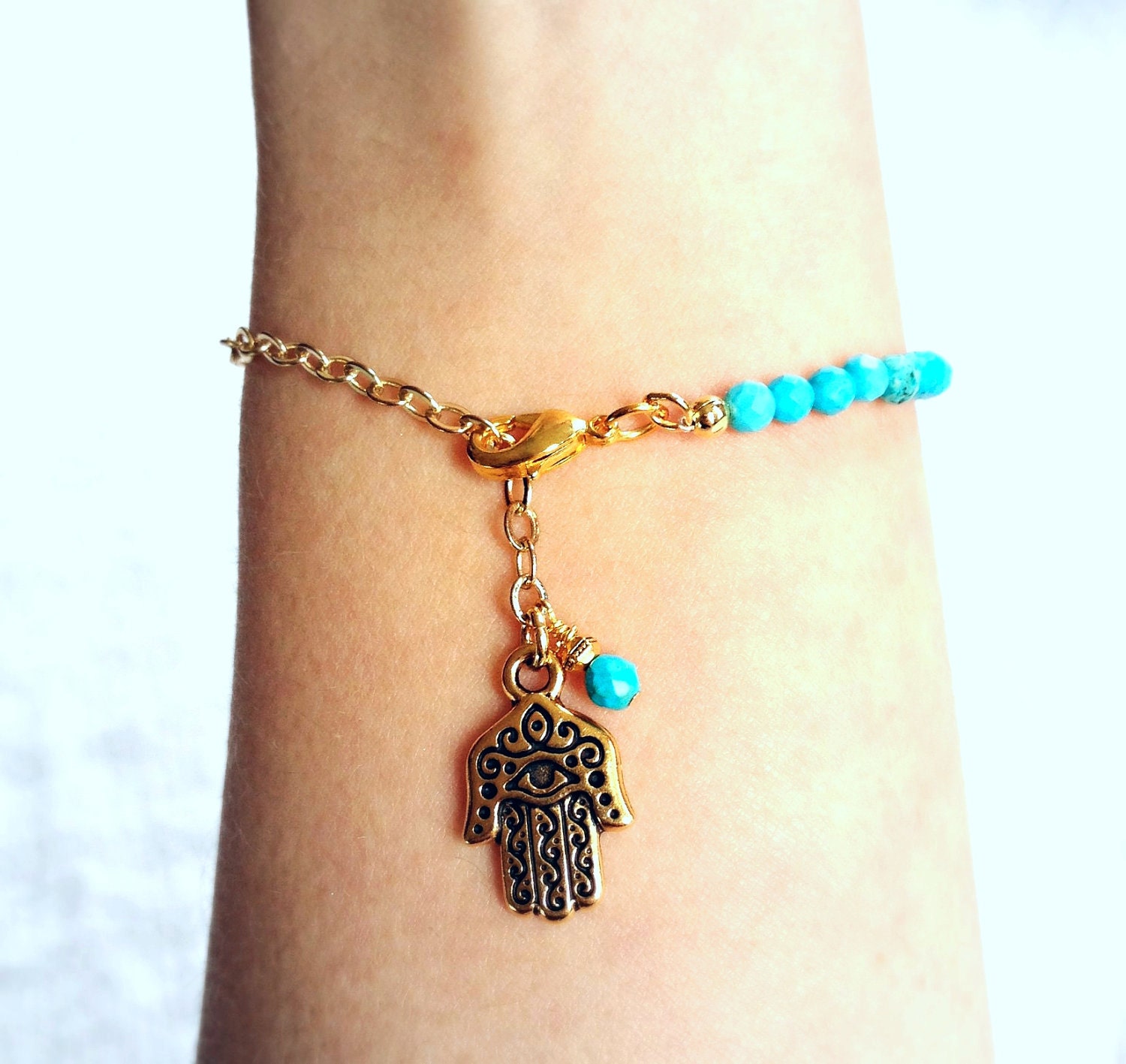 Turquoise Bracelet with Hamsa Hand Charm, beaded bracelet, bohemian jewelry by Atelier Yumi