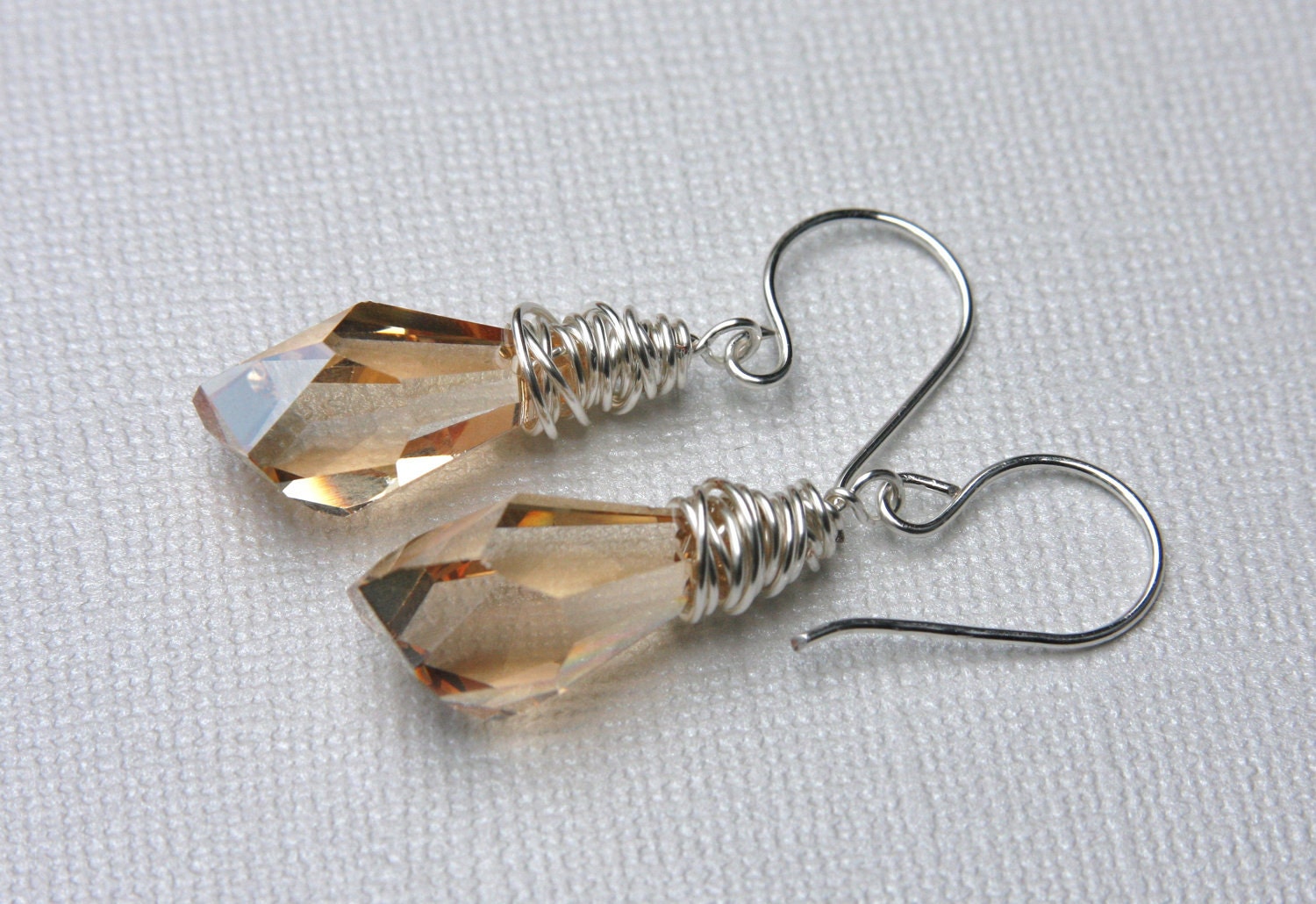 Citrine Amber Earrings Wire Wrapped Swarovski Crystal Briolette, Dangle