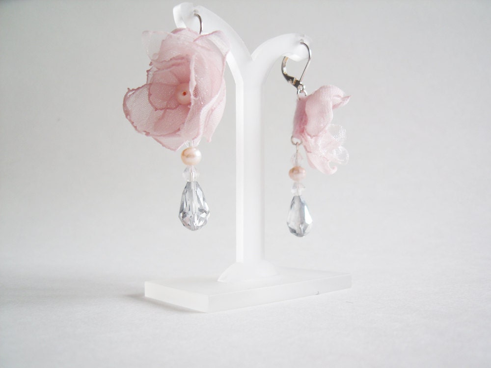 Bridal Earrings - Flower Earrings - Bridal Flower Earrings - Blush -  Crystal Flower Earrings - Crystal and Pearl Earrings