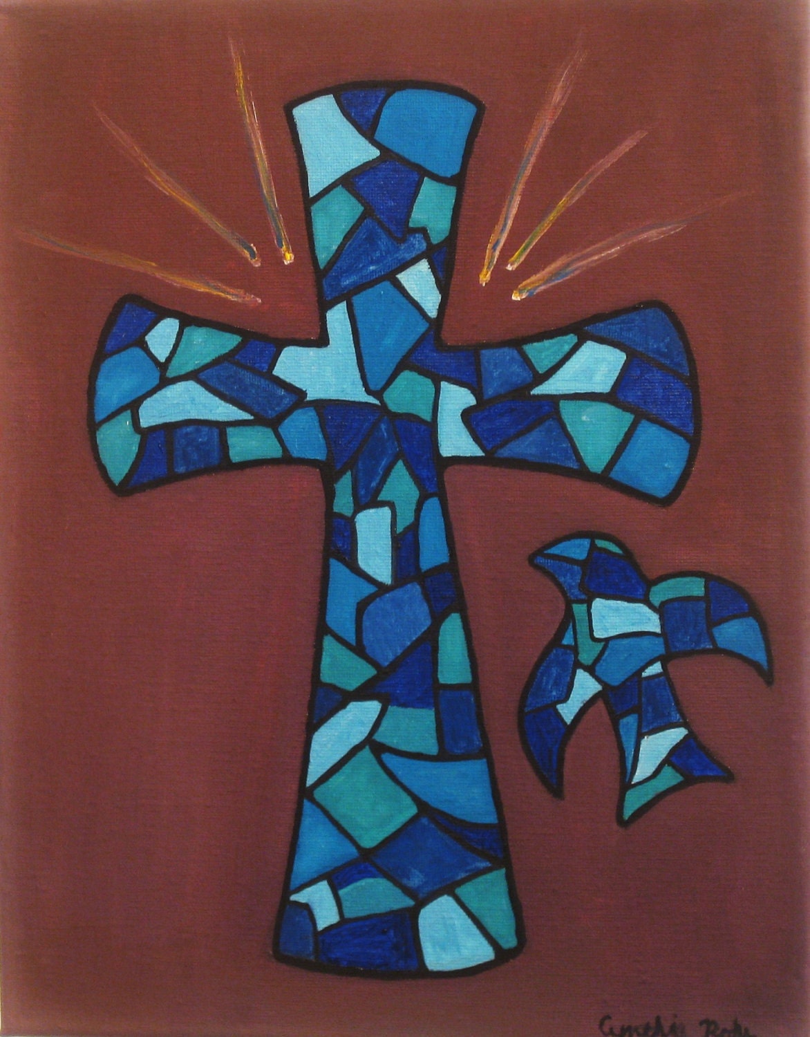 Cross oil painting on canvas blue stained glass mosaic cross dove Christian painting 11x14 signed varnished church decoration wall art