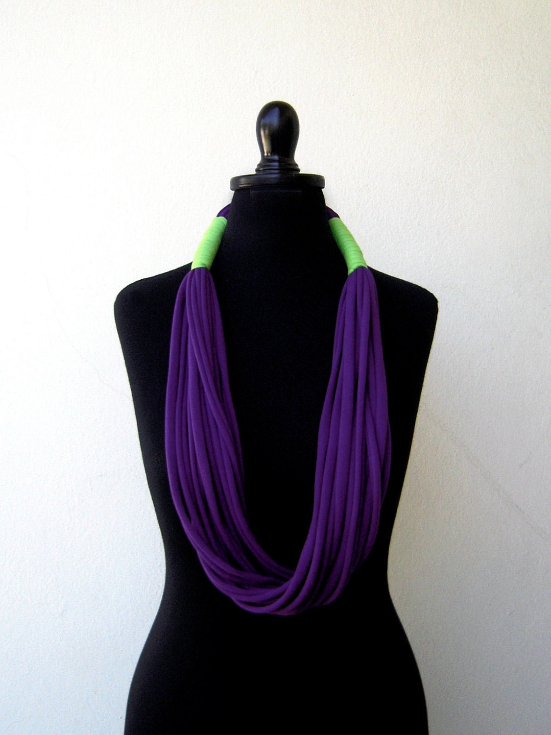 The tribal necklace - handmade in purple and lime green jersey fabric