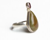 70s Vintage Silver Ring Green Brown Cabachon Stone Purple Crystal Size 8
