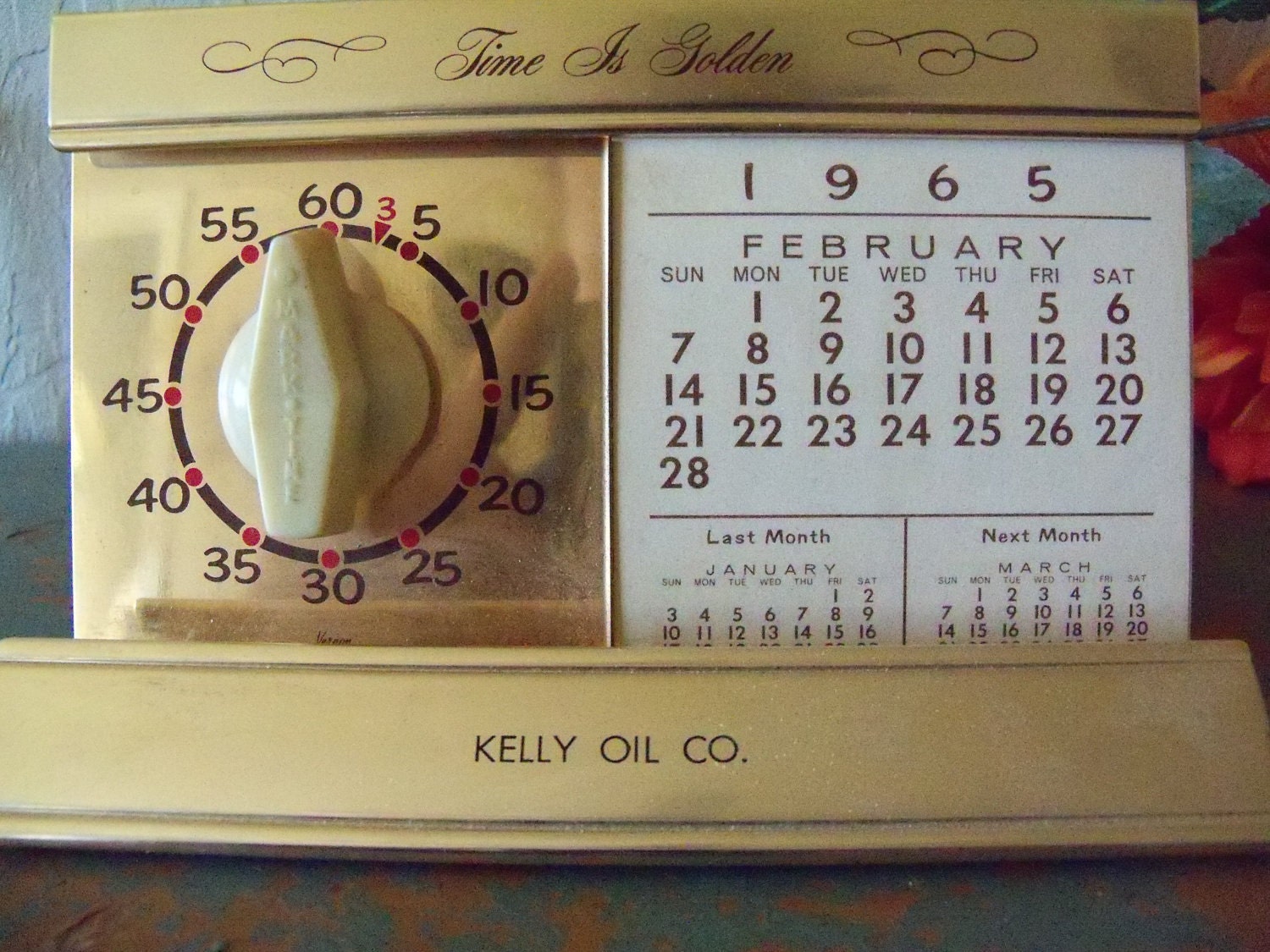 jVintage Desk Calendar Timer - Employee Award from Kelly Oil Co. 1965-1967 Gold Tone 60s Wind Up Timer Company Gift